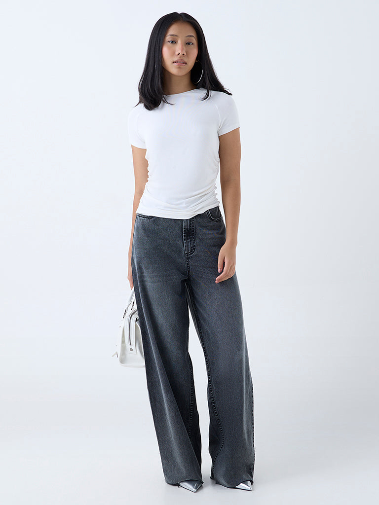 Westside Nuon Women's White Solid Ruched T-Shirt for Casual Wear Full View