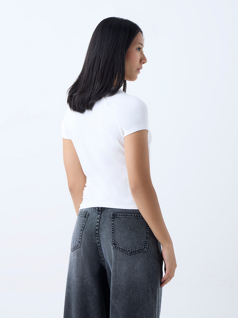 Westside Nuon Women's White Solid Ruched T-Shirt for Casual Wear Back View