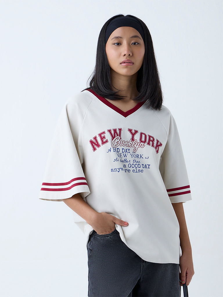 Westside Nuon Women's Off-White Text Detailed Cotton-Blend T-Shirt for Casual Wear Front View