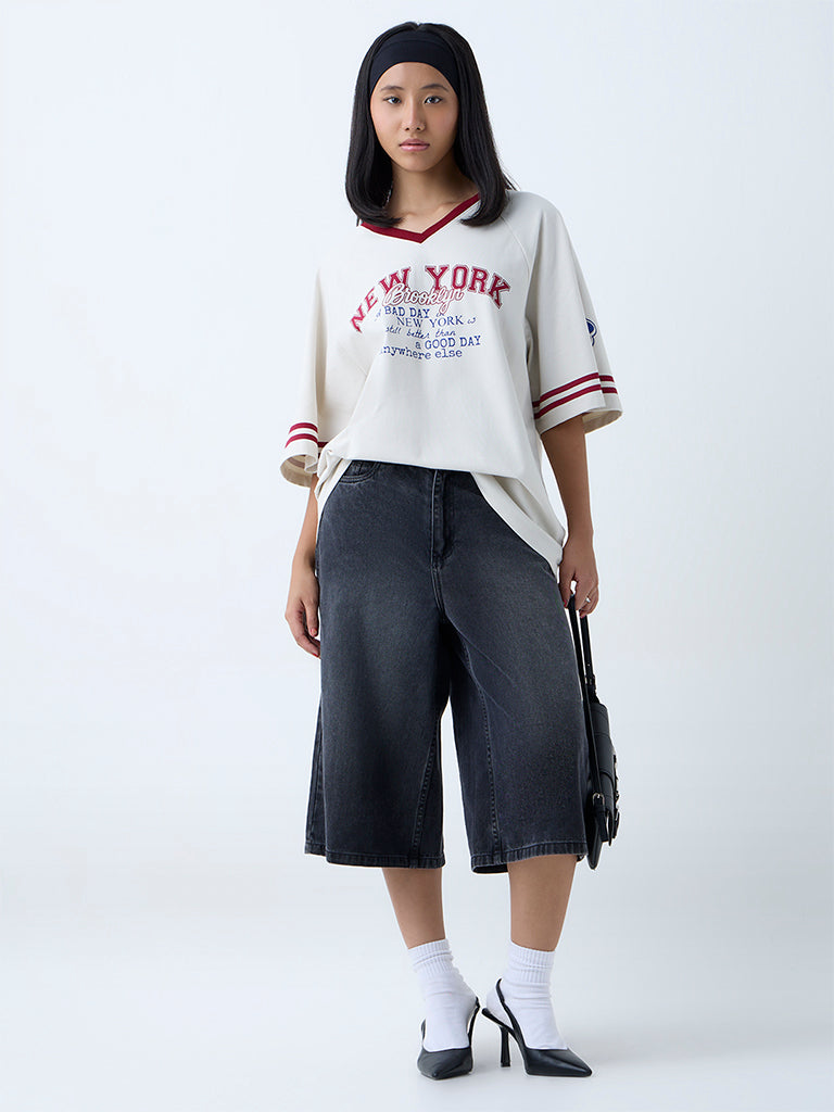 Westside Nuon Women's Off-White Text Detailed Cotton-Blend T-Shirt for Casual Wear Full View