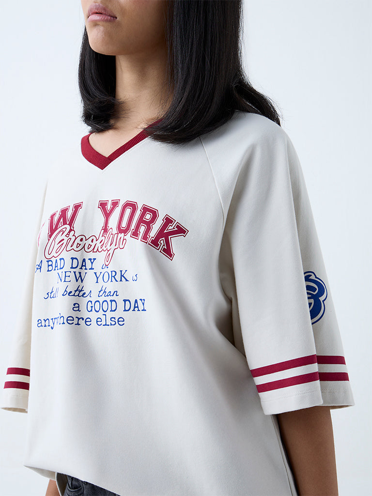 Westside Nuon Women's Off-White Text Detailed Cotton-Blend T-Shirt for Casual Wear Zoomed View