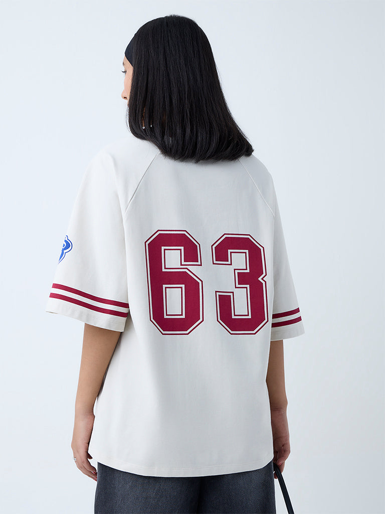 Westside Nuon Women's Off-White Text Detailed Cotton-Blend T-Shirt for Casual Wear Back View