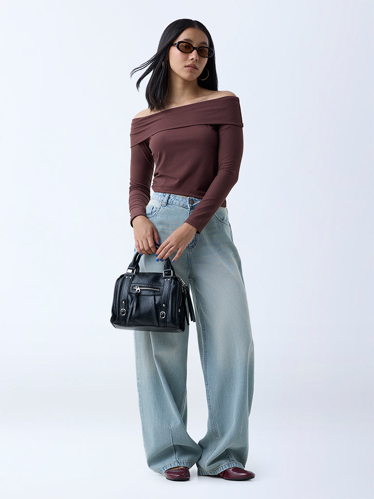 Westside Nuon Women's Brown Ribbed-Textured Off-Shoulder Top for Casual Wear Front View