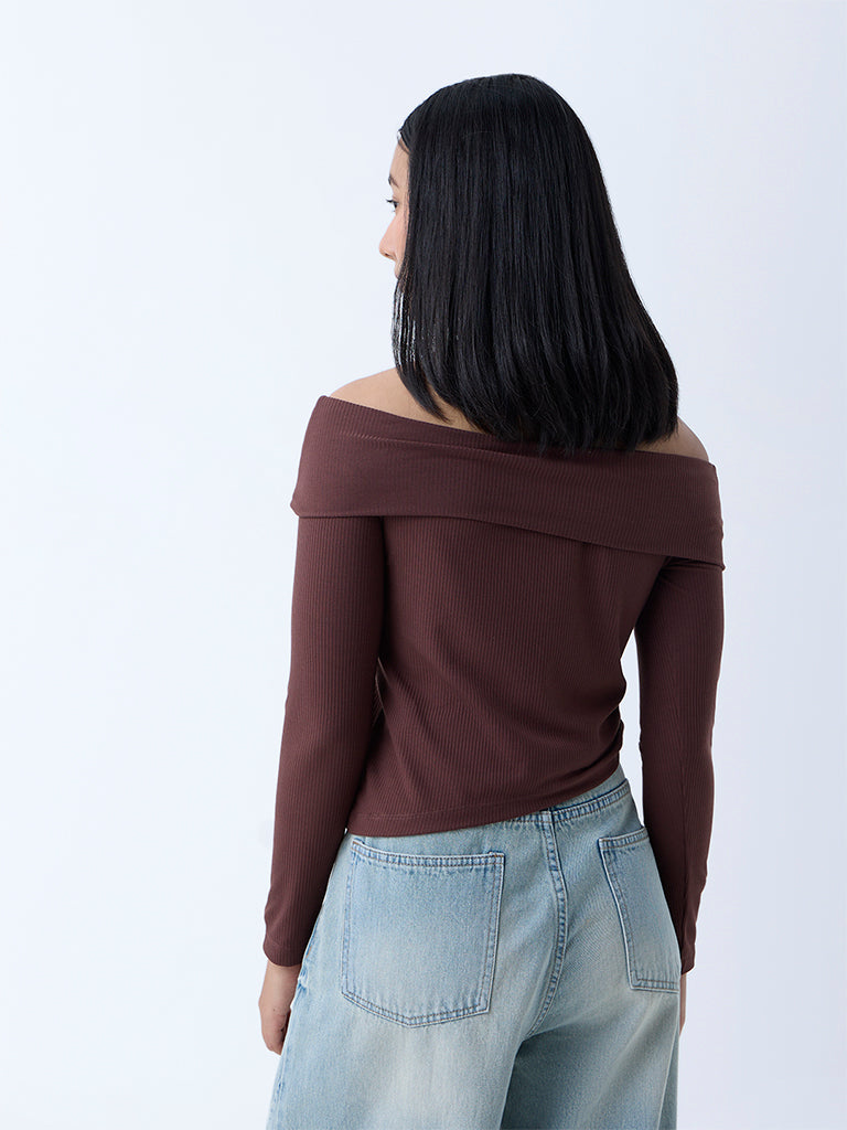 Westside Nuon Women's Brown Ribbed-Textured Off-Shoulder Top for Casual Wear Back View