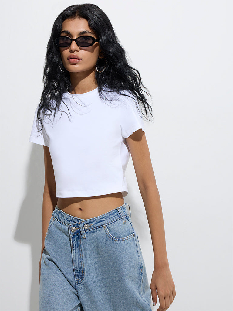 Westside Nuon Women's White Solid Cotton-Blend T-Shirt for Casual Wear Full View