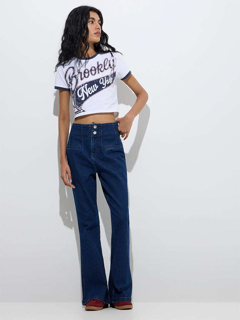 Westside Nuon Women's White Typographic Cotton-Blend T-Shirt for Casual Wear Full View