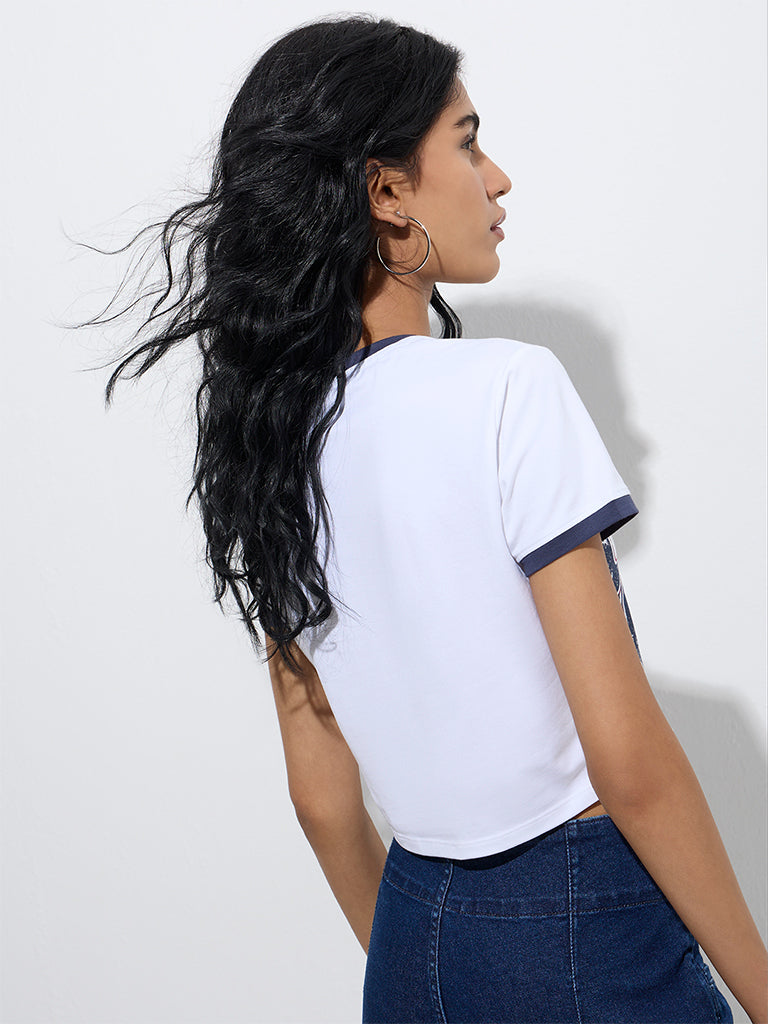 Westside Nuon Women's White Typographic Cotton-Blend T-Shirt for Casual Wear Back View