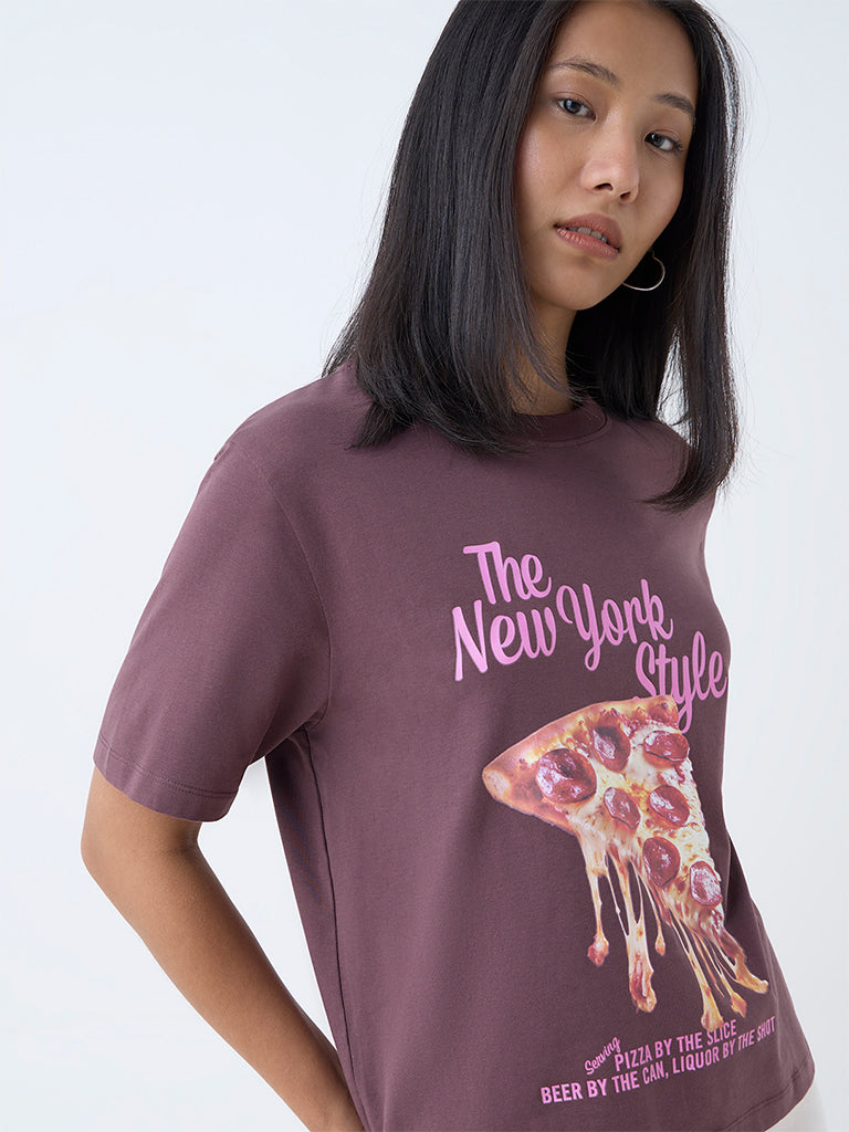 Westside Nuon Women's Brown Printed Cotton T-Shirt for Casual Wear Zoomed View