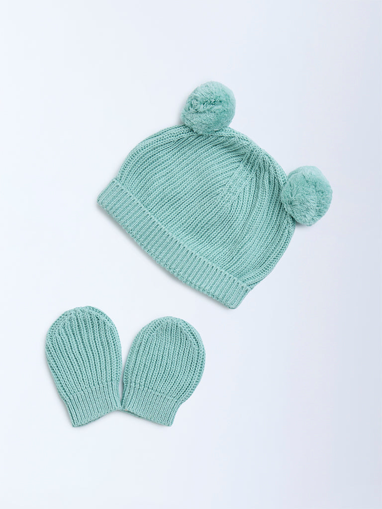 HOP Baby Green Knitted Cotton Hat with Mittens Set