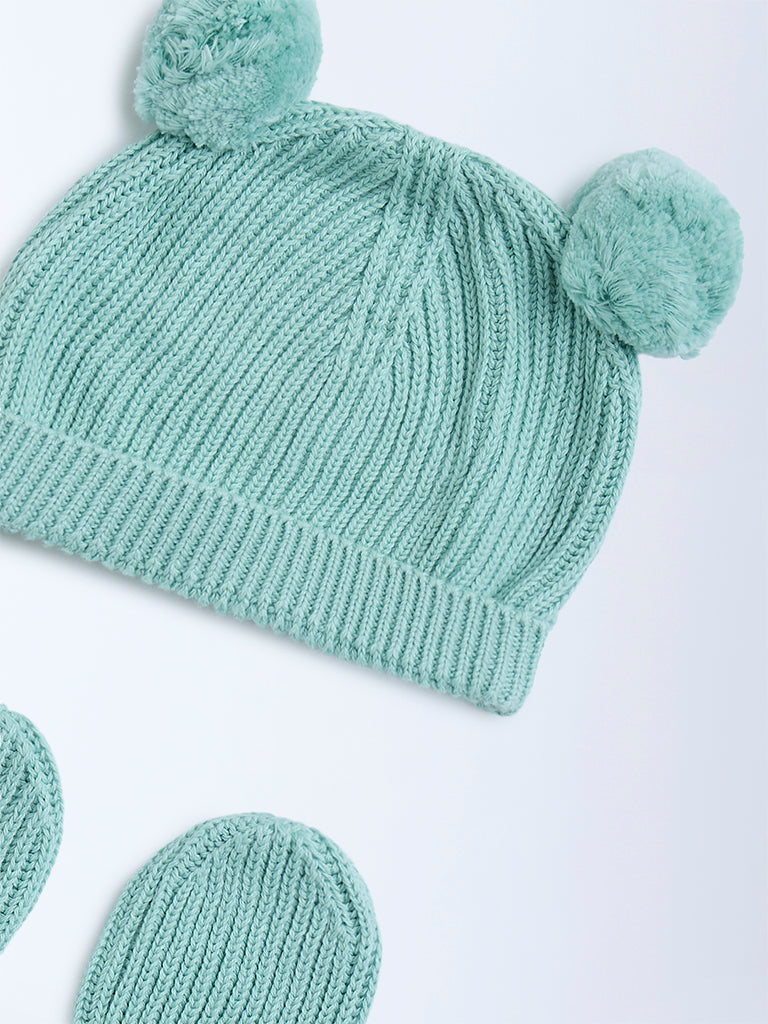 HOP Baby Green Knitted Cotton Hat with Mittens Set