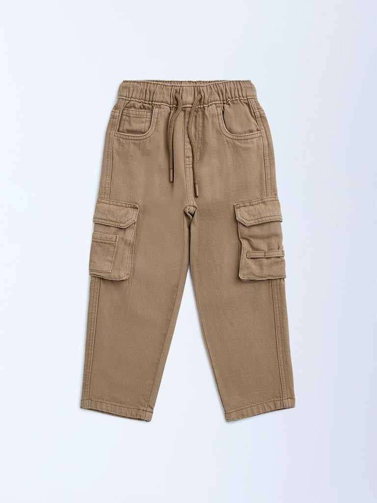 HOP Kids Brown Cargo-Style Relaxed-Fit Mid-Rise Cotton Jeans