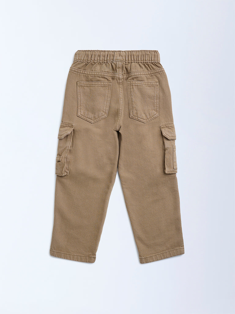 HOP Kids Brown Cargo-Style Relaxed-Fit Mid-Rise Cotton Jeans