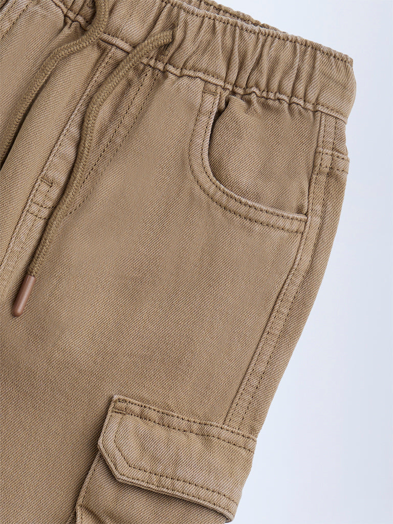 HOP Kids Brown Cargo-Style Relaxed-Fit Mid-Rise Cotton Jeans