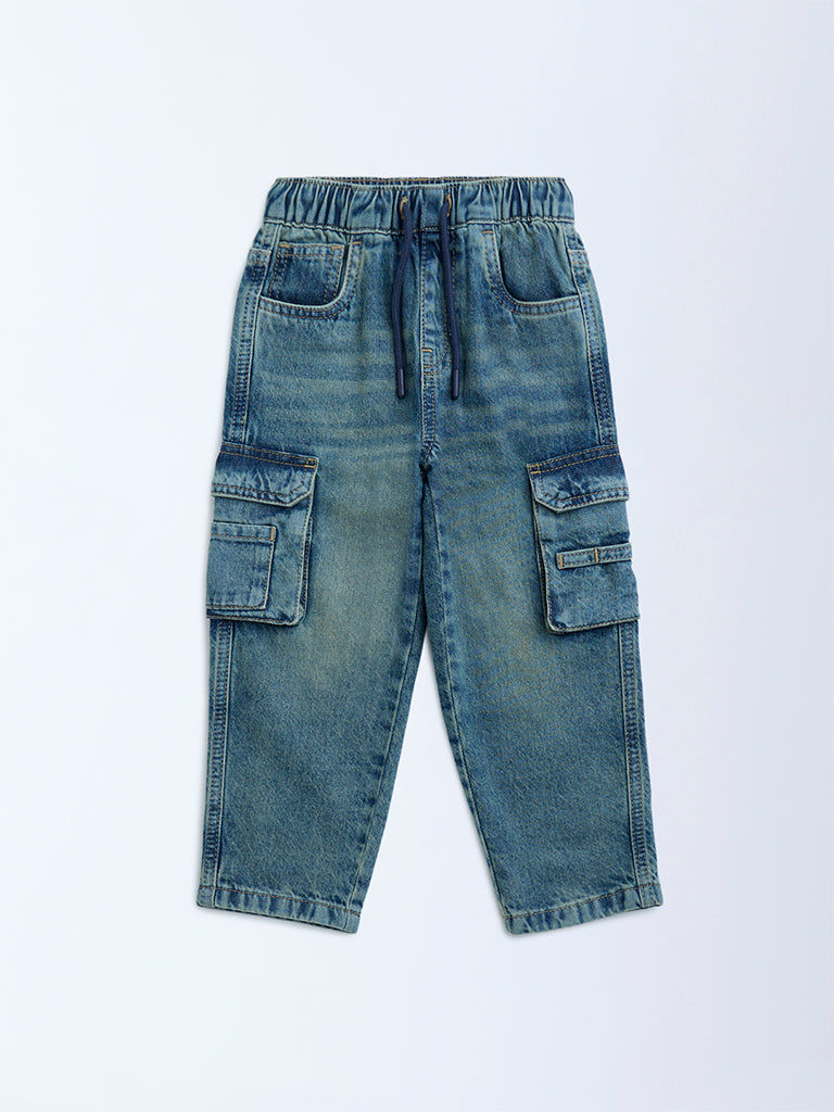 HOP Kids Blue Faded Cargo-Style Relaxed-Fit Mid-Rise Jeans