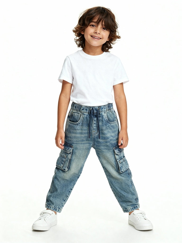 HOP Kids Blue Faded Cargo-Style Relaxed-Fit Mid-Rise Jeans
