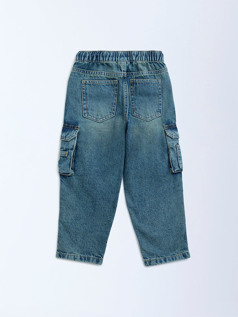 HOP Kids Blue Faded Cargo-Style Relaxed-Fit Mid-Rise Jeans
