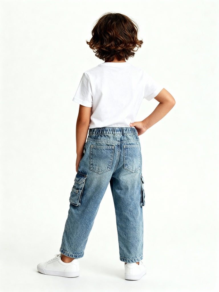 HOP Kids Blue Faded Cargo-Style Relaxed-Fit Mid-Rise Jeans