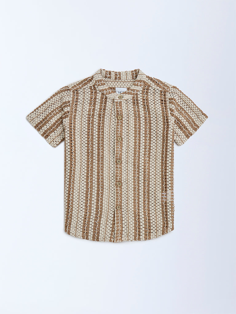 HOP Brown Striped Textured Cotton Shirt