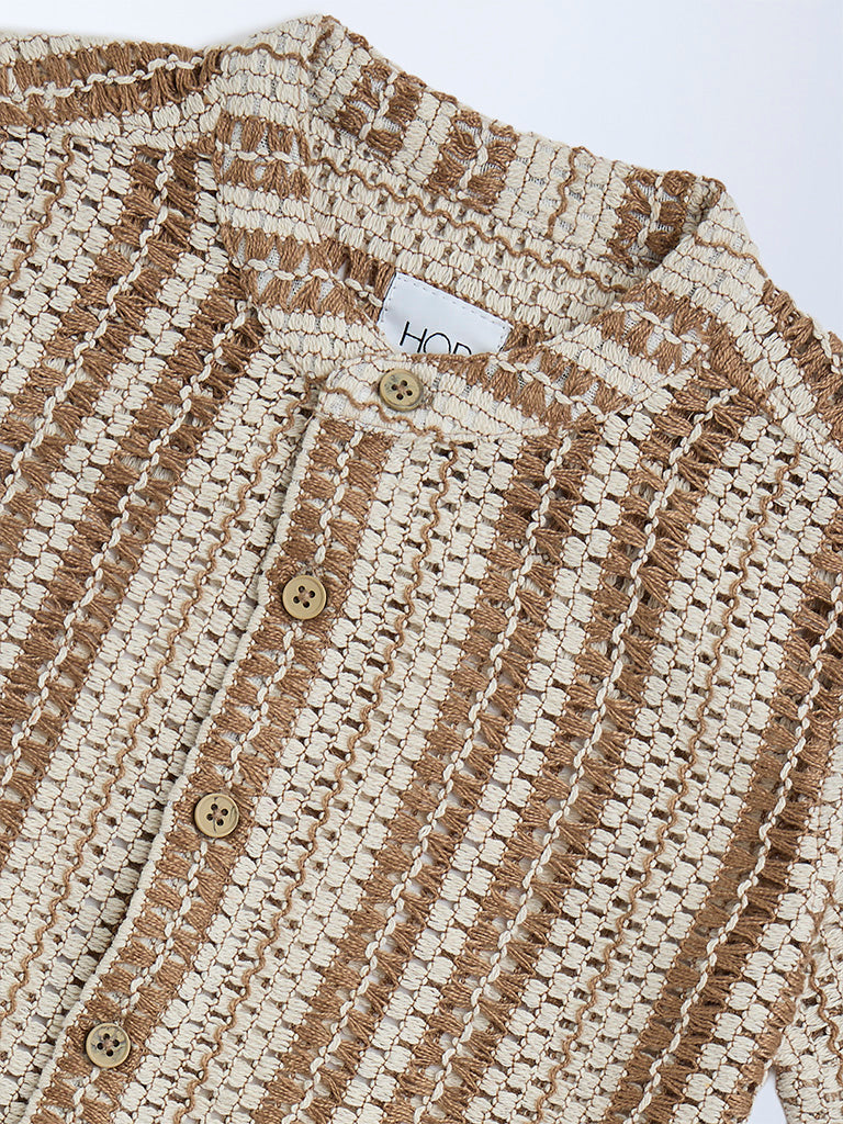 HOP Brown Striped Textured Cotton Shirt