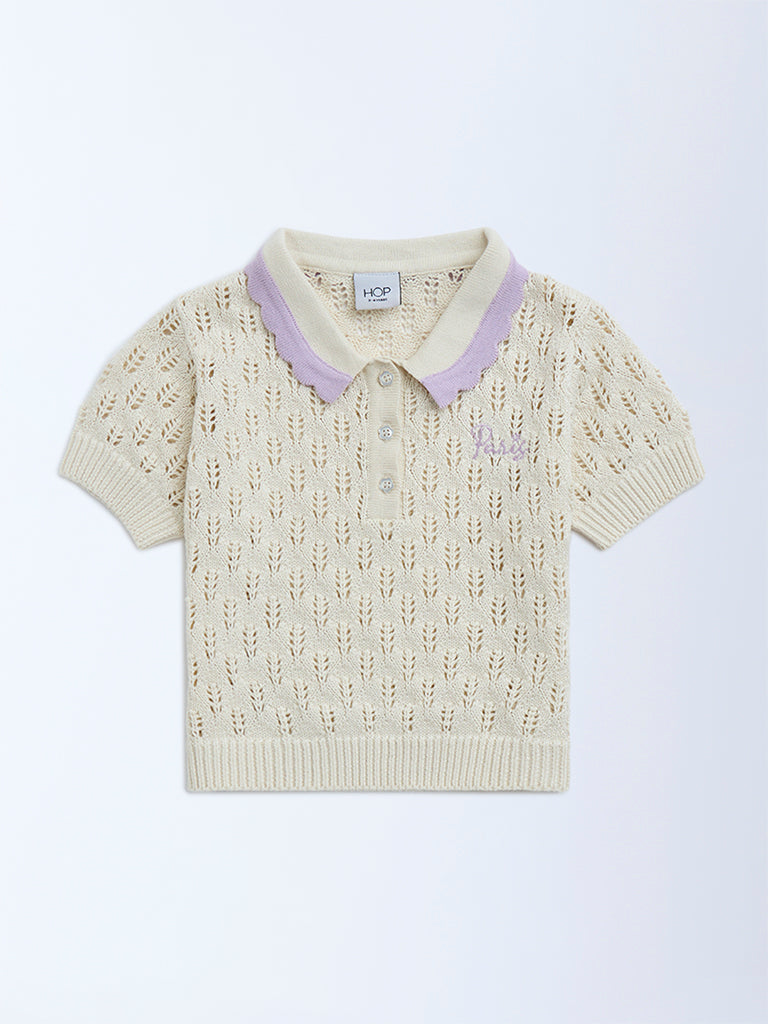 HOP Kids Girls Off-White Knit-Textured Cotton Polo T-Shirt