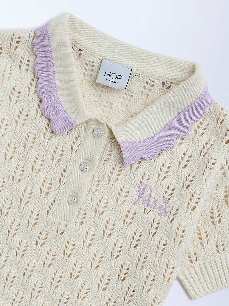 HOP Kids Girls Off-White Knit-Textured Cotton Polo T-Shirt