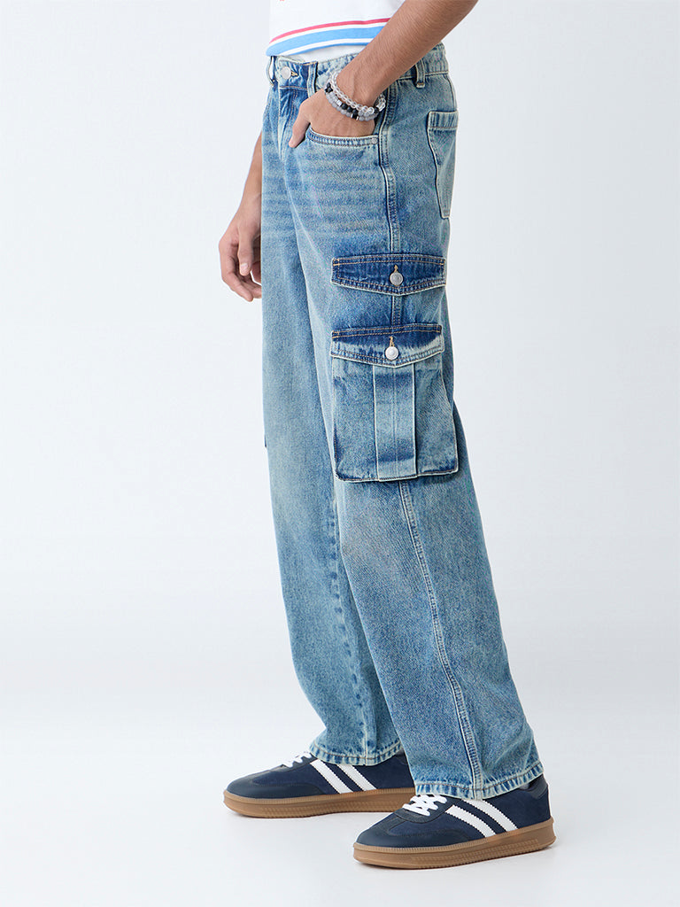 Y&F Kids Blue Faded Cargo-Style Mid-Rise Relaxed-Fit Jeans