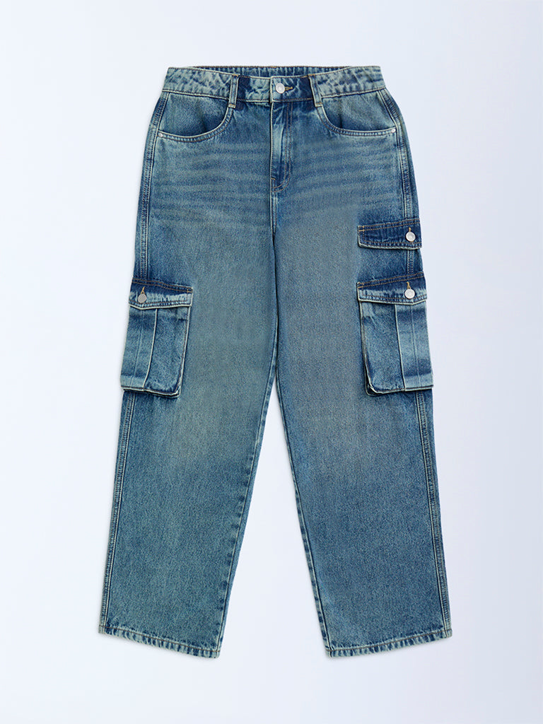 Y&F Kids Blue Faded Cargo-Style Mid-Rise Relaxed-Fit Jeans