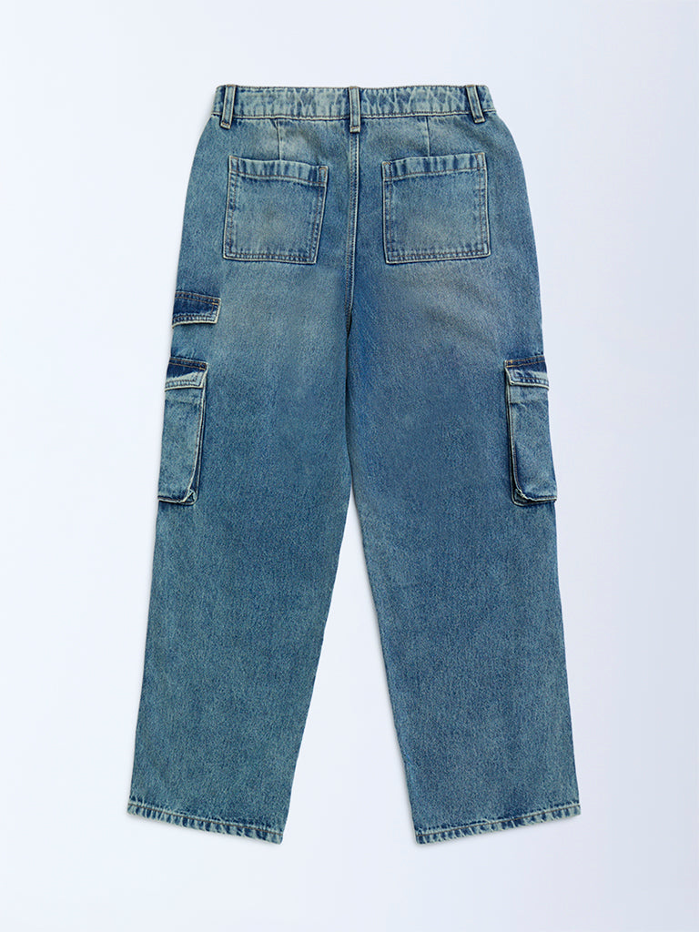 Y&F Kids Blue Faded Cargo-Style Mid-Rise Relaxed-Fit Jeans