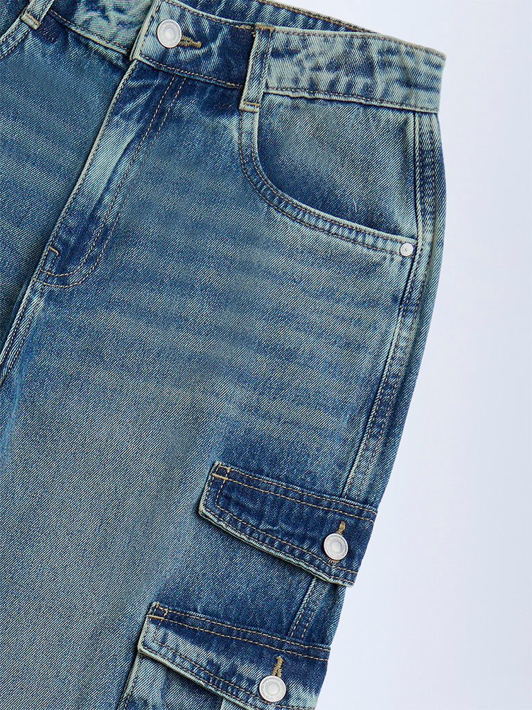 Y&F Kids Blue Faded Cargo-Style Mid-Rise Relaxed-Fit Jeans