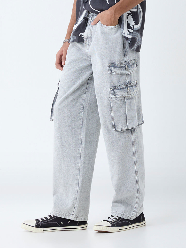 Y&F Kids Grey Cargo-Style Mid-Rise Relaxed-Fit Jeans