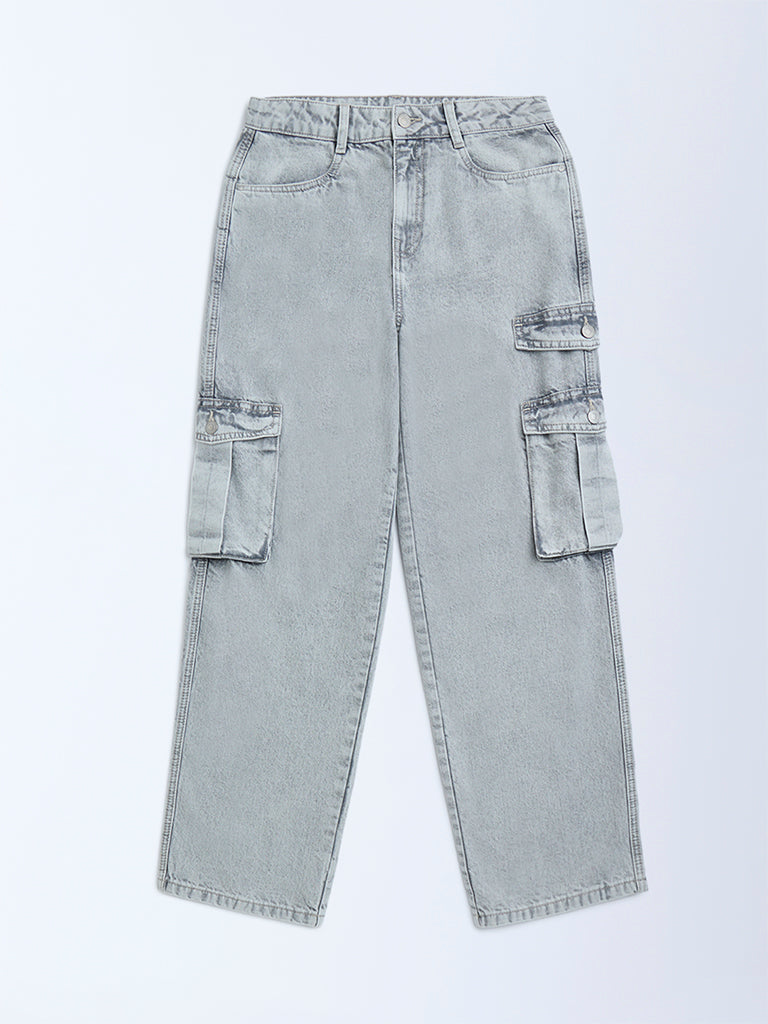 Y&F Kids Grey Cargo-Style Mid-Rise Relaxed-Fit Jeans