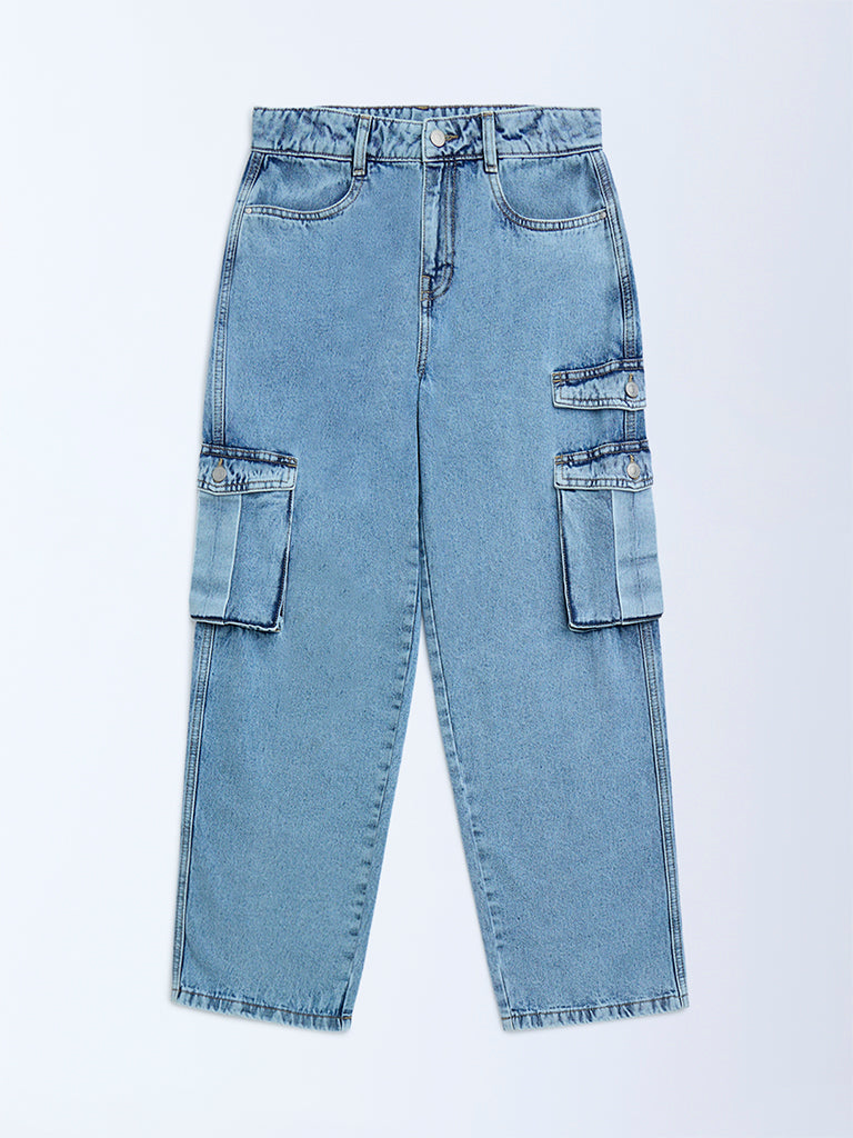 Y&F Kids Blue Cargo-Style Relaxed-Fit Mid-Rise Jeans
