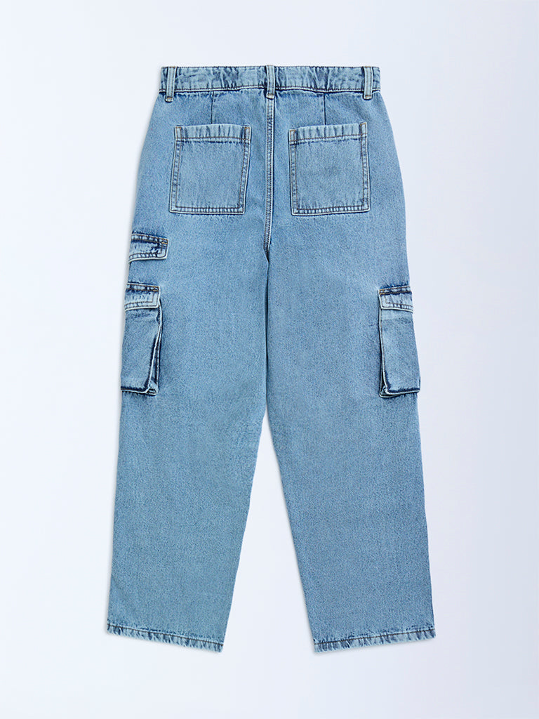 Y&F Kids Blue Cargo-Style Relaxed-Fit Mid-Rise Jeans