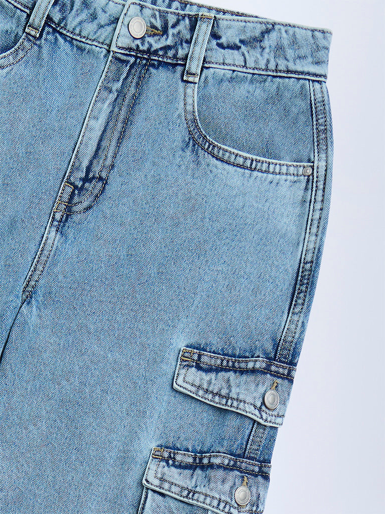 Y&F Kids Blue Cargo-Style Relaxed-Fit Mid-Rise Jeans