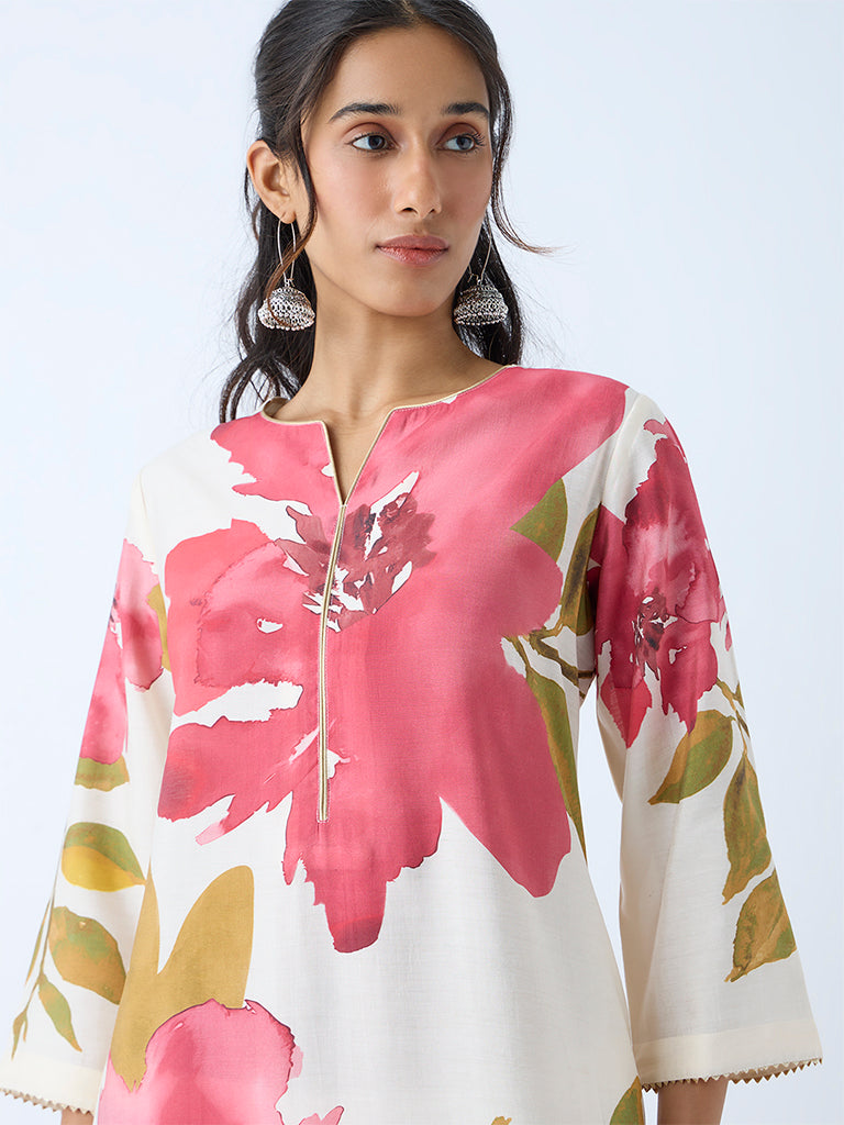 Westside Utsa Women's Pink Botanical Design A-Line Kurta for Work Wear Zoomed View