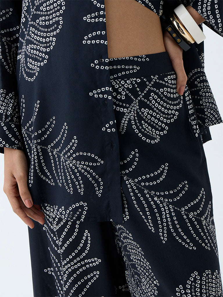 Westside Utsa Women's Black Bandhani Leaf Design Palazzos for Work Wear Zoomed View