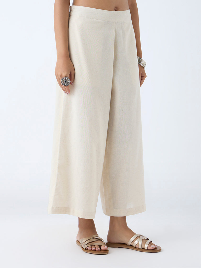 Westside Utsa Women's Off-White Solid Cotton-Blend Ethnic Pants for Work Wear Front View