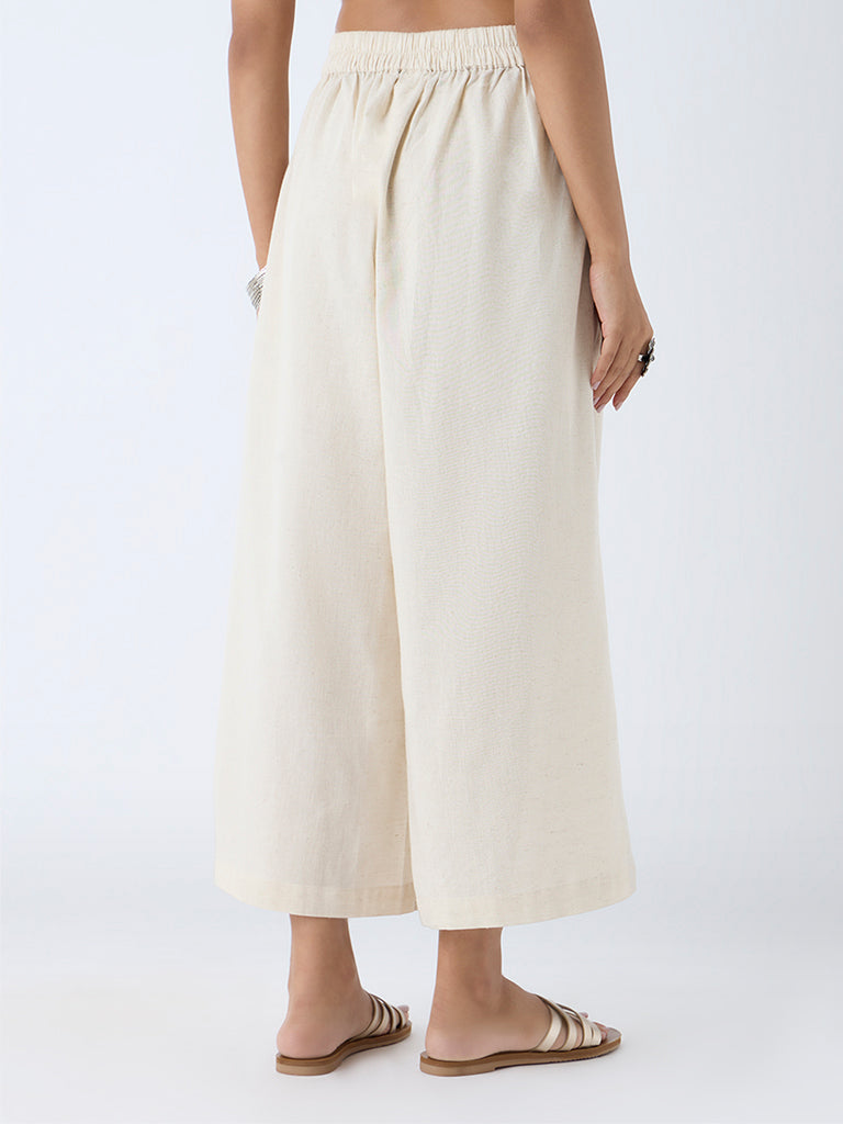 Westside Utsa Women's Off-White Solid Cotton-Blend Ethnic Pants for Work Wear Back View