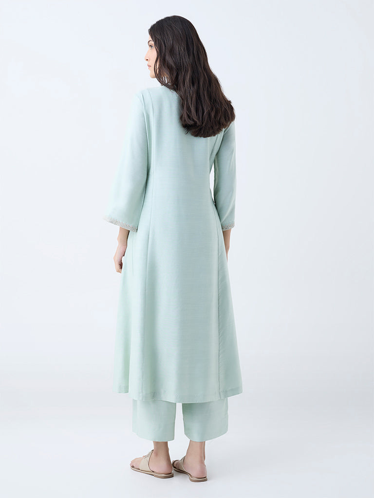 Zuba Mint Floral Embroidered A-Line Kurta