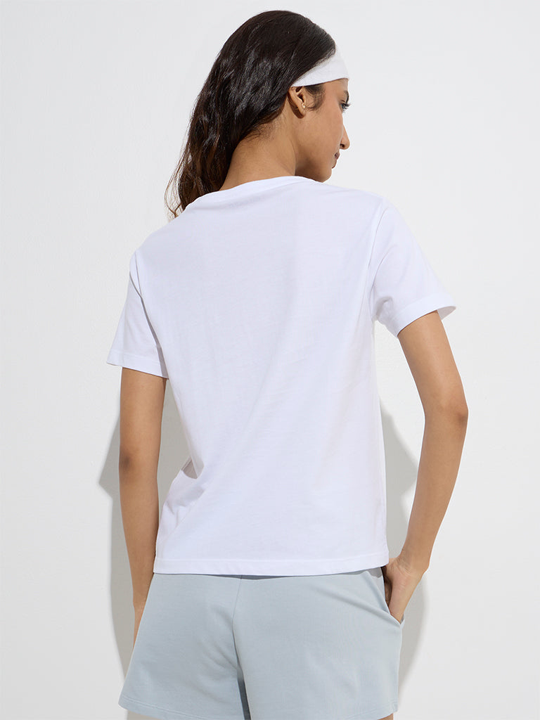 Westside Studiofit Women's White Printed Cotton T-Shirt for Sports Wear Back View