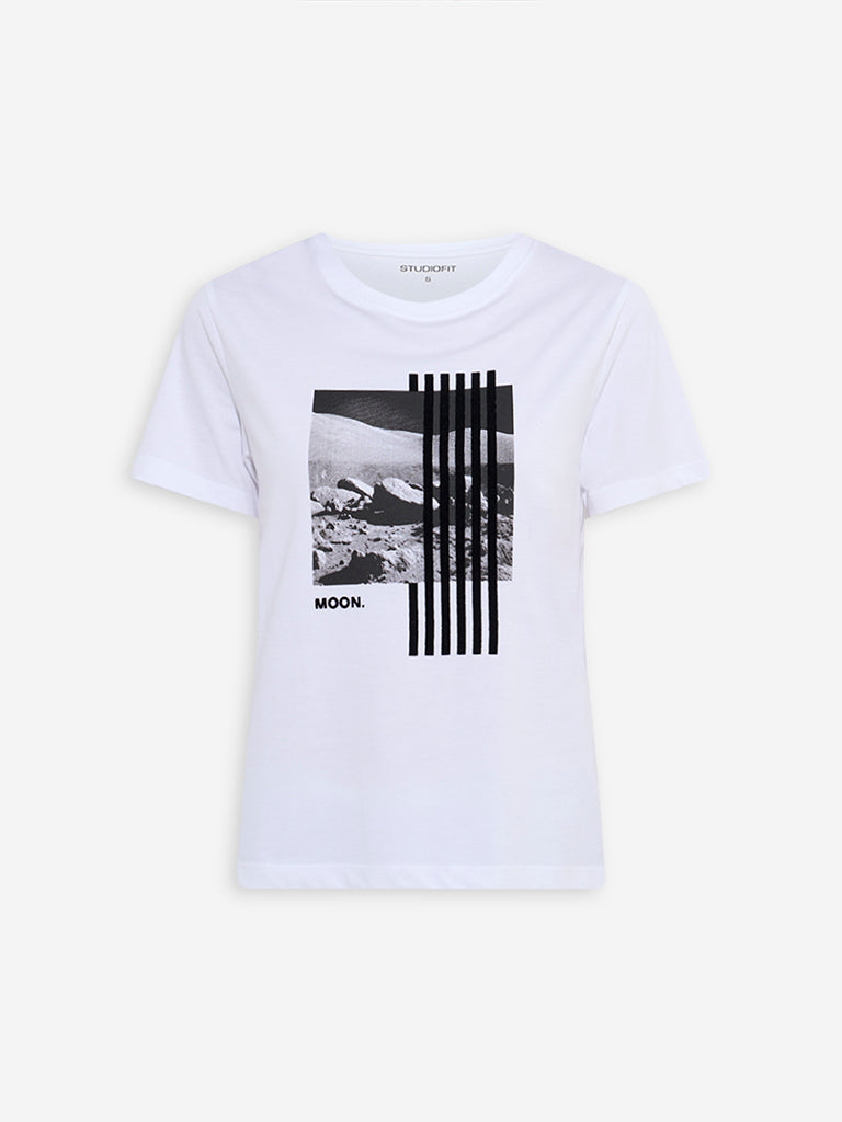 Westside Studiofit Women's White Printed Cotton T-Shirt for Sports Wear Flatly View