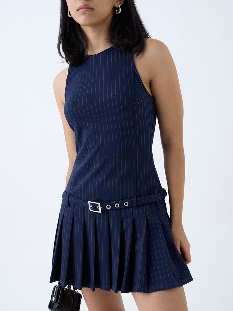 Nuon Navy Stripe Drop-Waist Dress with Belt