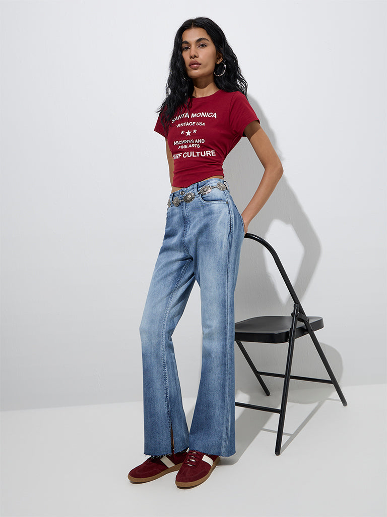 Westside Nuon Women's Blue Faded Bootcut Mid-Rise Jeans for Casual Wear Full View