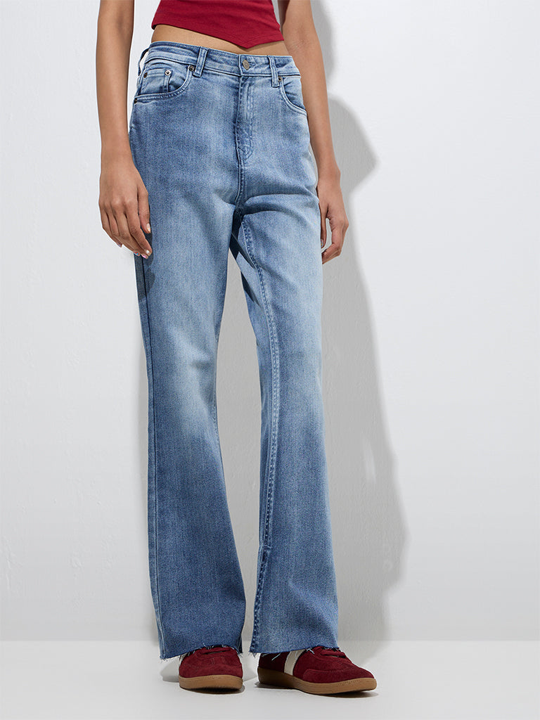 Westside Nuon Women's Blue Faded Bootcut Mid-Rise Jeans for Casual Wear Front View