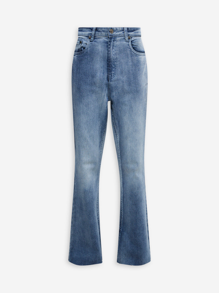 Westside Nuon Women's Blue Faded Bootcut Mid-Rise Jeans for Casual Wear Flatly