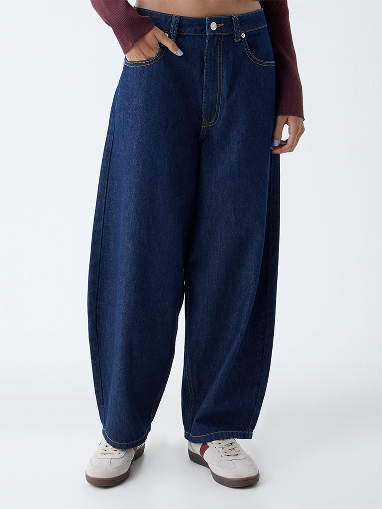 Nuon Dark Blue Barrel-Fit High-Rise Jeans