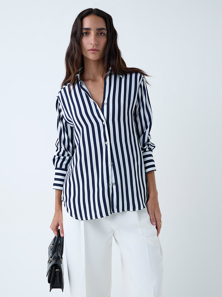 Westside Wardrobe Women's Navy Stripe Patterned Shirt for Work Wear Front View