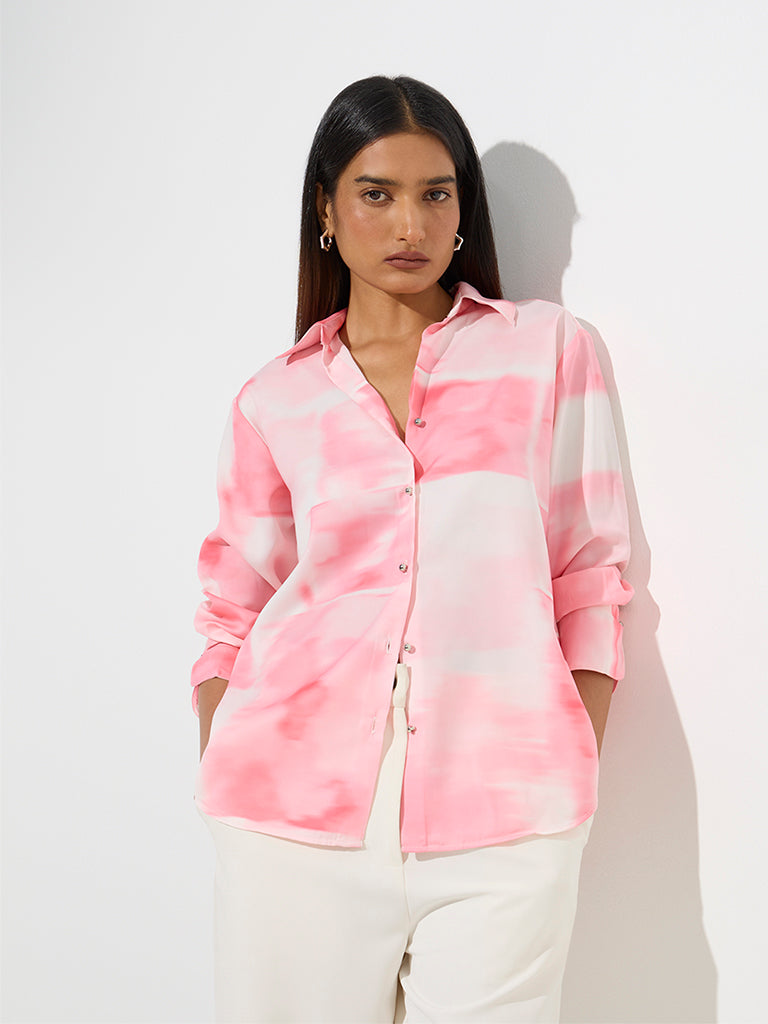 Westside Wardrobe Women's Pink Tie-Dye Printed Satin Shirt for Work Wear Front View