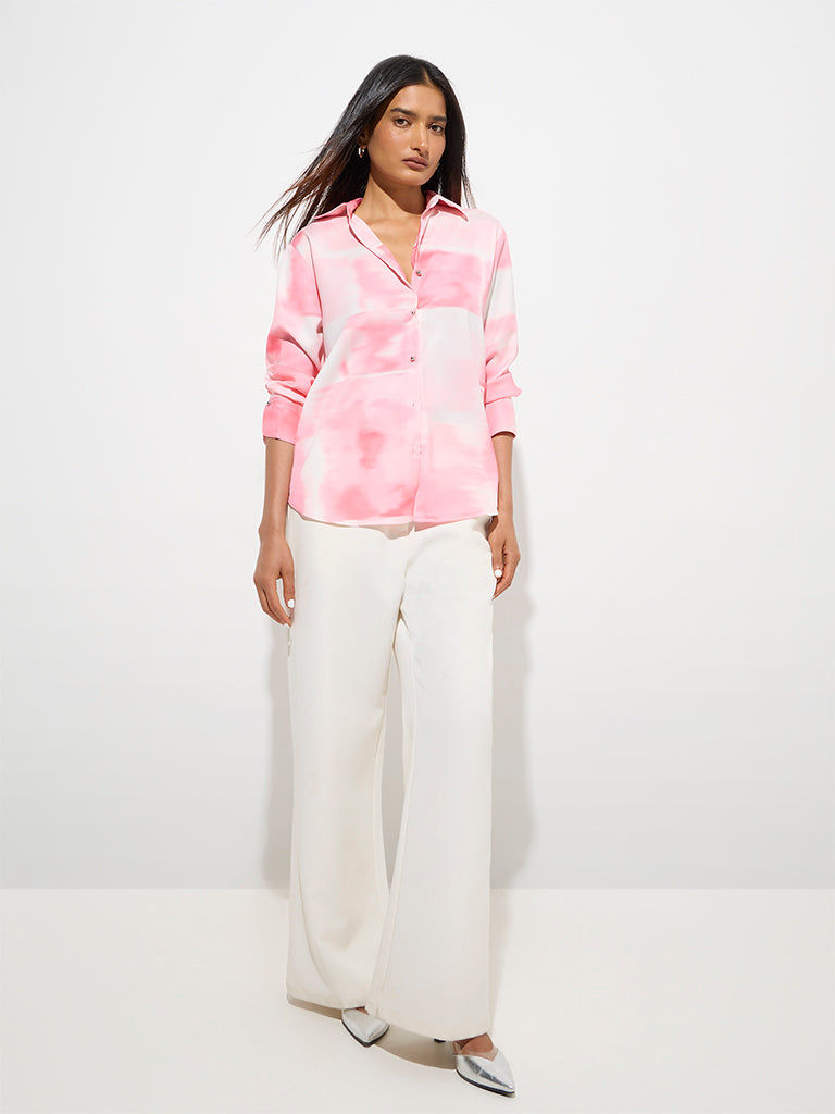 Westside Wardrobe Women's Pink Tie-Dye Printed Satin Shirt for Work Wear Full View