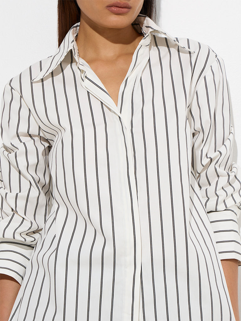 Westside Wardrobe Women's White Stripe Patterned Shirt for Work Wear Zoomed View